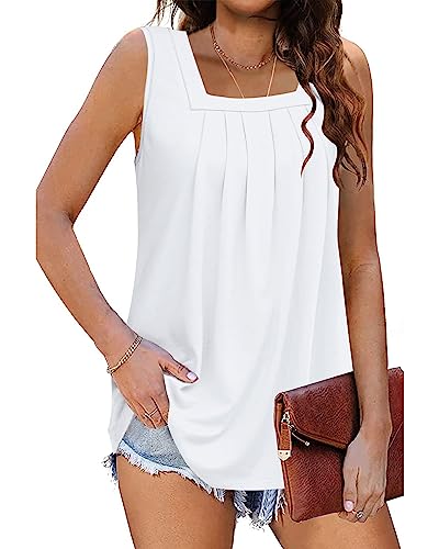 PLOKNRD Tank Top Damen Ärmellos Sommer Oberteile Quadratischen Halsausschnitt Blusen Tops Für Damen Mit Falten Elegant Lockere Shirt Weiß 2XL von PLOKNRD