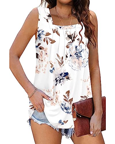 PLOKNRD Tank Top Damen Ärmellos Sommer Oberteile Quadratischen Halsausschnitt Blusen Tops Für Damen Mit Falten Elegant Lockere Shirt Weiß Blumen 2XL von PLOKNRD