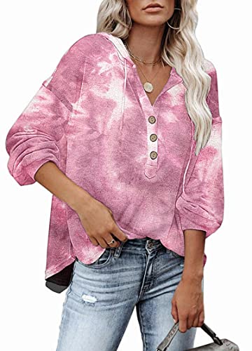 PLOKNRD Kapuzenpullover Damen Langarm Knöpfen Pullover mit Kordelzug Freizeit V-Ausschnitt Hooded Henley Sweatshirt Klassisch(Sonne Untergehende, L) von PLOKNRD