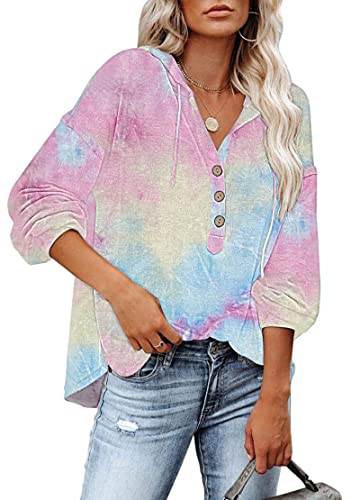 PLOKNRD Kapuzenpullover Damen Langarm Knöpfen Pullover mit Kordelzug Freizeit V-Ausschnitt Hooded Henley Sweatshirt Klassisch(Süssigkeit, S) von PLOKNRD
