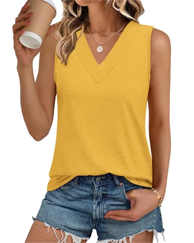 PLOKNRD Top Damen V-Ausschnitt Ärmellos Sommer Tank Top Langschnitt Basic Oberteile(Knallgelb,S) von PLOKNRD