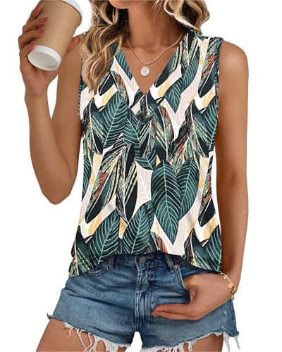 PLOKNRD Top Damen V-Ausschnitt Ärmellos Sommer Tank Top Langschnitt Basic Oberteile(Musabalblatt,XL) von PLOKNRD