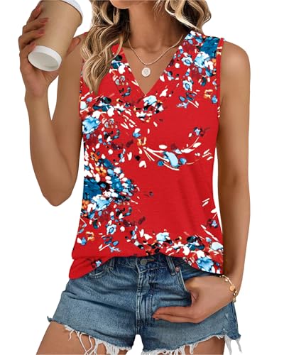 PLOKNRD Top Damen V-Ausschnitt Ärmellos Sommer Tank Top Langschnitt Basic Oberteile(Rot Blau Blume,XL) von PLOKNRD