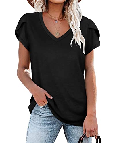 PLOKNRD Damen Tops V-Ausschnitt Blütenblatt Ärmel T-Shirt Sommer Freizeit Kurzen Ärmeln Strand Oberteile(Schwarz,S) von PLOKNRD