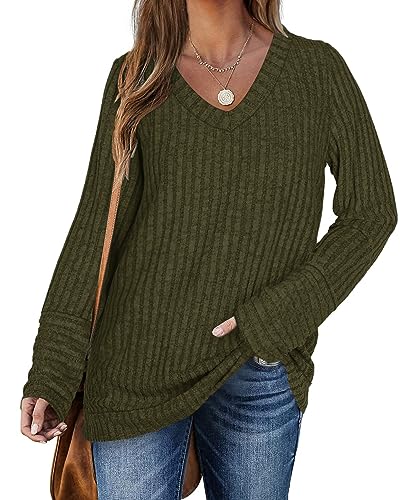 PLOKNRD V-Ausschnitt Pullover Damens Langarm Sweater Soft Comfy Casual Sweatshirt(Dunkles Grün，M von PLOKNRD