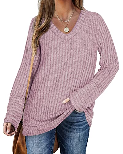 V-Ausschnitt Pullover Damens Langarm Sweater Soft Comfy Casual Sweatshirt(Rosa，M von PLOKNRD