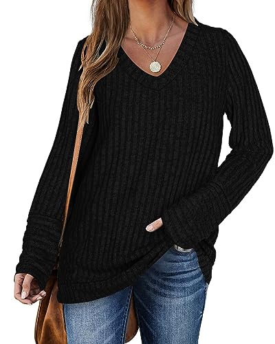 PLOKNRD V-Ausschnitt Pullover Damens Langarm Sweater Soft Comfy Casual Sweatshirt(Schwarz，M von PLOKNRD