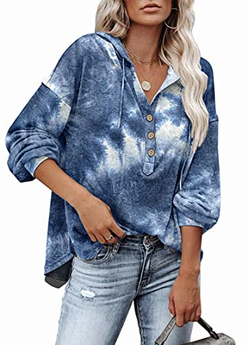 PLOKNRD Kapuzenpullover Damen Langarm Knöpfen Pullover mit Kordelzug Freizeit V-Ausschnitt Hooded Henley Sweatshirt Klassisch(Ozeanwelle, 2XL) von PLOKNRD