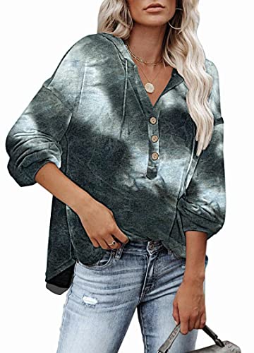 PLOKNRD Winter Leichter Pullover für Damen Langarm Tie Dye Schwarz Henley Shirt 2XL 52-54 von PLOKNRD