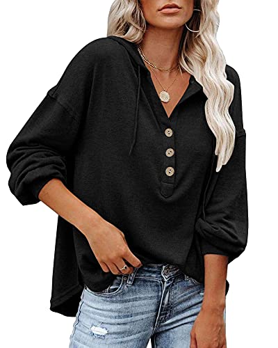 PLOKNRD Winter Oversized Pullover Damen Button Down V-Ausschnitt Sweatshirts 40-42 (Schwarz,M) von PLOKNRD