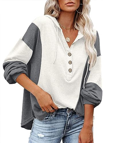 PLOKNRD Kapuzenpullover Damen Langarm Knöpfen Pullover mit Kordelzug Freizeit V-Ausschnitt Hooded Henley Sweatshirt Klassisch(Grau Block, M) von PLOKNRD