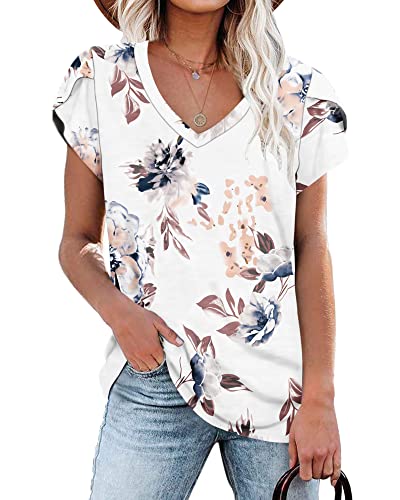 PLOKNRD Damen Tops V-Ausschnitt Blütenblatt Ärmel T-Shirt Sommer Freizeit Kurzen Ärmeln Strand Oberteile(Blumen weiß,XL) von PLOKNRD