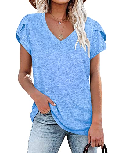 T-Shirt für Damen Casual Sommer Tops Kurzarm Tuniken (Himmel blau,XL) von PLOKNRD