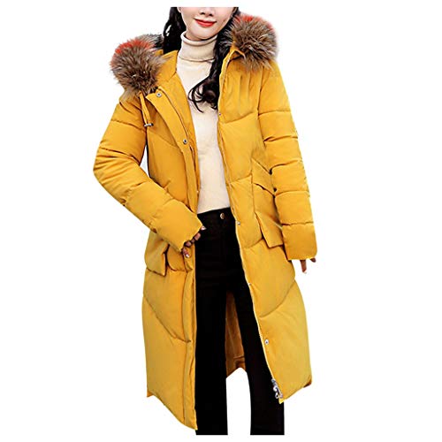 Plot Damen Steppjacke mit Kapuze Einfarbig Winter Warm Gefüttert Winterjacke Lang Leicht Stepp Jacken mit Fellkapuze Slim Fit Kapuzenjack Wintermantel Winterparka (XXXXL, Gelb) von PLOT-Damen Mantel