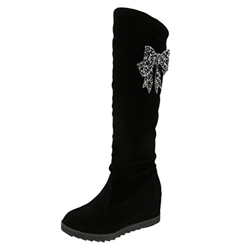 PLOT-Damen Stiefel mit Keilabsatz Mode Frauen Winter Warm Einfarbig Wildleder Wedges High Heels Schuhe Strass Bequem Stretch Slim Hohe Stiefel (40 CN, Schwarz-1) von PLOT-Damen Stiefel