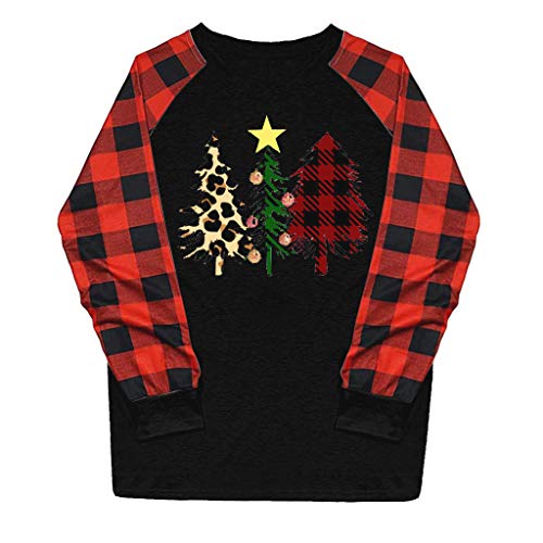 PLOT Damen T Shirt Weihnachten Casual Langarm Karierte Patckwork Oberteile Christmas Pullover Sweatshirt Lässige Loose Langarmshirt Tops T-Shirt von PLOT-Damen T Shirt