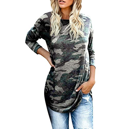 Plot Damen Pullover Langarm Tarnung Drucken Rundhals T Shirt Langarmshirt Loose Mode Freizeit T-Shirt Pulli Oberteile Bluse Tops von PLOT-Damen T Shirt