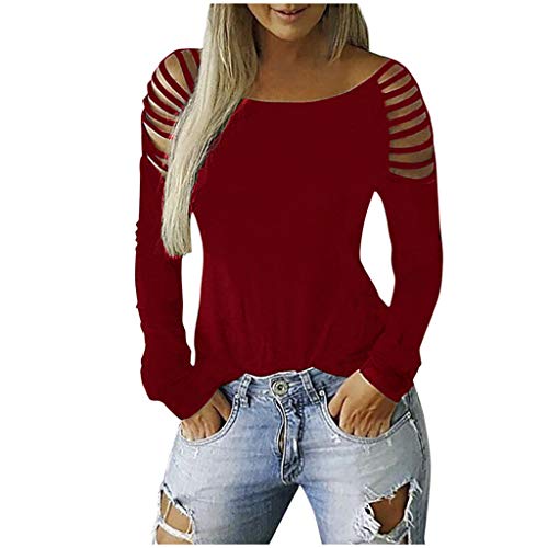 Plot Damen Pullover Sexy Einfarbig Schulterfrei Oberteil Tshirt Langarm Hohl T Shirt Langarmshirt Frühling Mode Freizeit Sweatshirt Oberteile Tops von PLOT-Damen T Shirt
