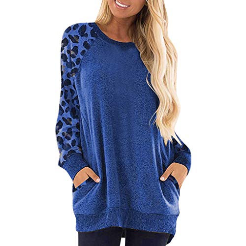 Plot Damen Sweatshirt Pullover Casual Langarm Leopard-Patchwork Sport Shirt Oberteile Langarmshirt Rollkragen Loose Tops mit Tasche von PLOT-Damen T Shirt