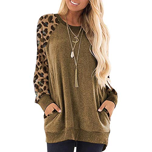 Plot Damen Sweatshirt Pullover Casual Langarm Leopard-Patchwork Sport Shirt Oberteile Langarmshirt Rollkragen Loose Tops mit Tasche von PLOT-Damen T Shirt