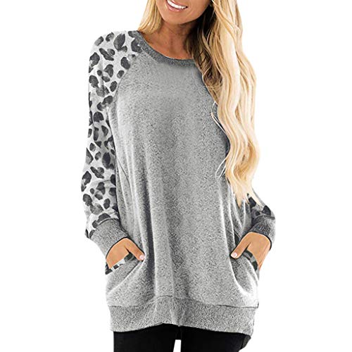 Plot Damen Sweatshirt Pullover Casual Langarm Leopard-Patchwork Sport Shirt Oberteile Langarmshirt Rollkragen Loose Tops mit Tasche von PLOT-Damen T Shirt