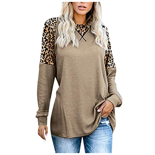 Plot Damen Sweatshirt Pullover Casual Leopard-Patchwork Langarmshirt Hoodie Rundhals Oversize Sport Shirt Oberteil Lässige Loose Tops von PLOT-Damen T Shirt