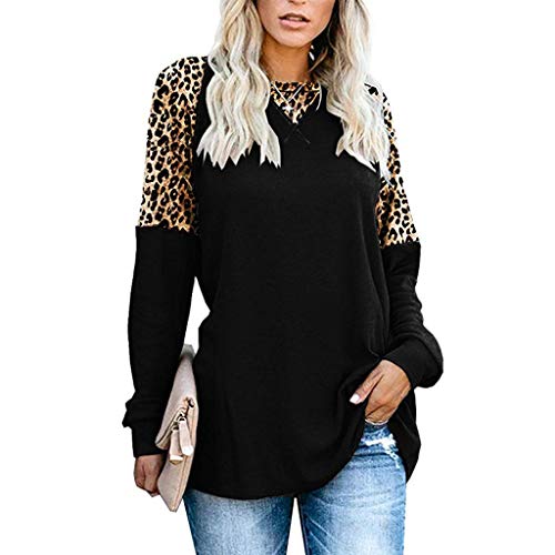 Plot Damen Sweatshirt Pullover Casual Leopard-Patchwork Langarmshirt Hoodie Rundhals Oversize Sport Shirt Oberteil Lässige Loose Tops von PLOT-Damen T Shirt
