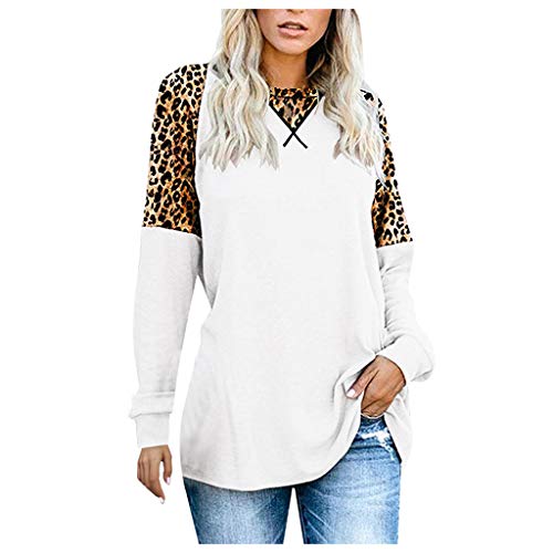 Plot Damen Sweatshirt Pullover Casual Leopard-Patchwork Langarmshirt Hoodie Rundhals Oversize Sport Shirt Oberteil Lässige Loose Tops von PLOT-Damen T Shirt