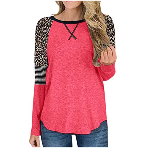 Plot Damen Sweatshirt Pullover Langarm Patchwork Leopard Druck T Shirt Lange Rundhals Mode Freizeit Langarmshirt Oberteile Tops Bluse von PLOT-Damen T Shirt