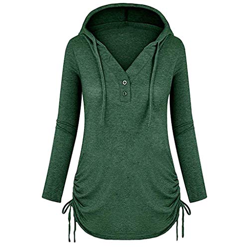 Plot Damen Sweatshirts Mit Kapuze Einfarbig Langarm Kapuzenpullover mit Tunnelzug Knopf Hoodie V-Ausschnitt Lange Pullover Tops von PLOT-Damen T Shirt