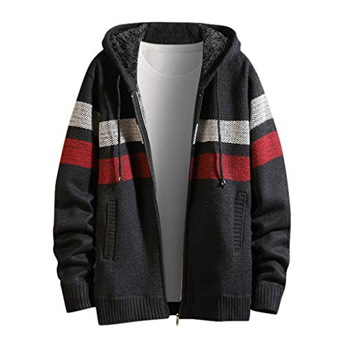 Plot Herren Strickjacke Cardigan mit Kapuze Winter Warm Gefüttert Winterjacke Fleecejacke Langarm Patchwork Freizeit Outdoor Übergangsjacke Winterparka Outwear Mantel von PLOT-Herren Mantel