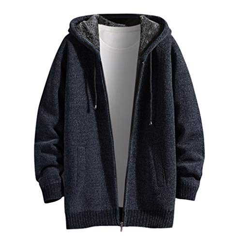 Plot Herren Strickjacke Lang Cardigan mit Kapuze Einfarbig Winter Warm Gefüttert Winterjacke Fleecejacke Hoodie Langarm Grobstrick Jacke Übergangsjacke Outwear Mantel von PLOT-Herren Mantel