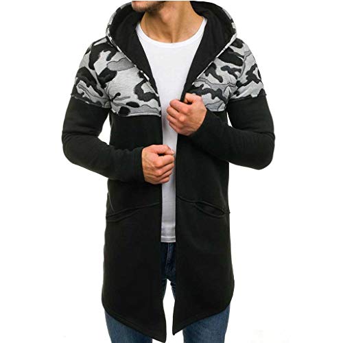 Plot Herren Strickjacke Lang Patchwork Cardigan mit Kapuze Casual Outdoor Sweatshirt Hoodie Gestrickt Pullover Übergangsjacke Lang Slim Fit von PLOT-Herren Mantel