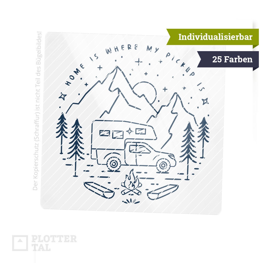 Bügelbild Wohnkabiene Mit Pick-Up | «Home Is Where My Pickup Is» | 19x19 cm Geschenke Für Camper 25 Farben Personalisierbar Bügelbild Wohnkabiene Mit Pick-Up | «Home Is Where My Pickup Is» | 19x19 cm Geschenke Für Camper 25 Farben Personalisierbar von PLOTTERTAL