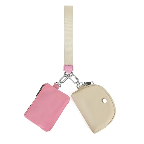 Schlüsselanhänger-Geldbörse, Mini-Geldbörse mit Reißverschluss, abnehmbare Doppeltasche, Handgelenktasche, tragbare Münztasche, Mini-Münzfach für Damen und Herren, Rosa/Weiß, modisch von PLOVELXN