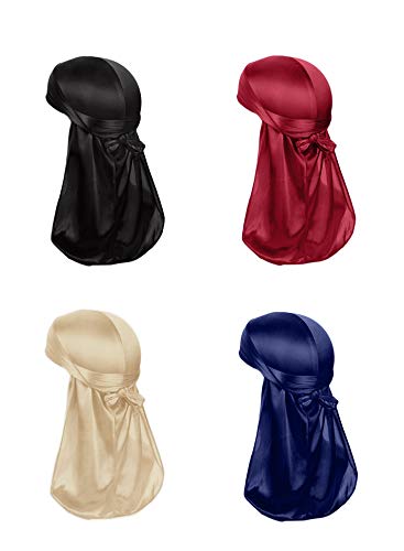 Durag Cap Headwraps für Herren und Damen, Seide, Schwarz, Marineblau, Weinrot und Braun, 4 Stück von PLOVZ