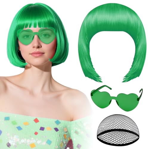 Grüne Perücke mit Herz-Sonnenbrille und Haarkappe für Frauen, PLULON Kurze Bob-Perücken, synthetisch, farbig, lustige Cosplay-Haarteile für Frauen und Männer, Alltag, Bachelorette, Halloween Grüne Perücke mit Herz-Sonnenbrille und Haarkappe für Frauen, PLULON Kurze Bob-Perücken, synthetisch, farbig, lustige Cosplay-Haarteile für Frauen und Männer, Alltag, Bachelorette, Halloween von PLULON