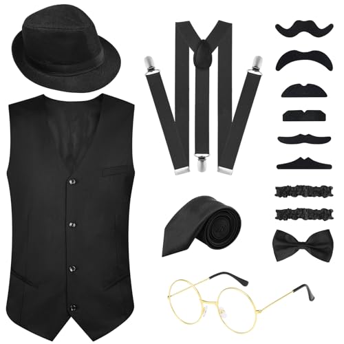 PLULON 1920er Herren Accessoires Bekleidung Kostüm Outfit mit Weste Fedora Hut Taschenuhr Hosenträger Krawatte für Herren (Pure Black, Large) von PLULON