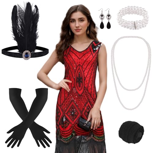 PLULON 1920er-Jahre-Kleider für Damen, Paillettenfransen, Gatsby-Flapper-Cocktailkleider der 1920er-Jahre mit 20er-Jahre-Accessoire-Set, Kostüme der Goldenen 20er von PLULON