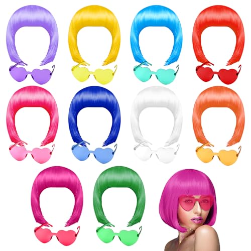 PLULON 20 Teile Party Perücken und Sonnenbrillenset, Neon Short Bob Perücke Sonnenbrillenpackung Kostüm Bunt Cosplay Tägliche Party Haarstücke zum Bachelorette Neon Party, Halloween Dekorationen von PLULON