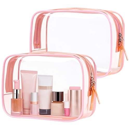 PLULON 2er-Pack Reise-Kulturbeutel, TSA-zugelassener Kulturbeutel, transparente Make-up-Tasche, tragbare Kosmetiktaschen in Quart-Größe, Handgepäck-Reisezubehör-Tasche für Damen und Herren – Rosa von PLULON