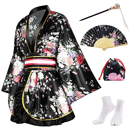 PLULON 5 Stück japanische Kimono Robe für Damen kurzes Kimono-Kleid mit Blumendruck sexy Geisha Yukata Satin Bademantel mit Zubehör von PLULON