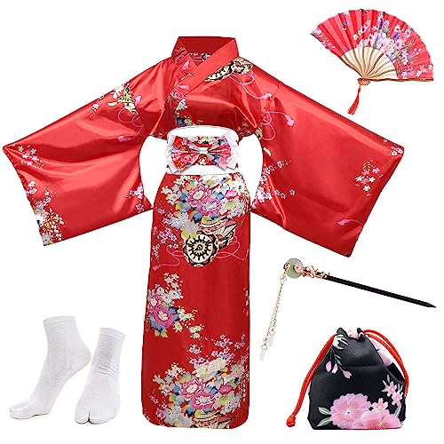 PLULON 5-teiliges japanisches Geisha-Yukata-Kleid-Blüten-Satin-Bademantel mit Kordelzug, Handfächer, Haarnadel, Tabi-Socken-Set für Damen von PLULON