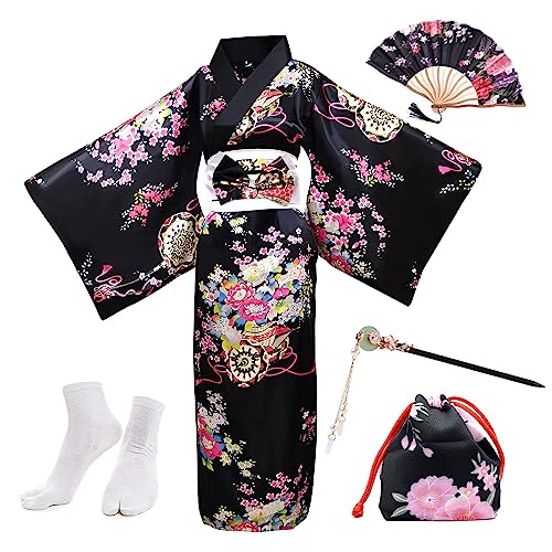 PLULON 5-teiliges japanisches Geisha-Yukata-Kleid-Blüten-Satin-Bademantel mit Kordelzug, Handfächer, Haarnadel, Tabi-Socken-Set für Damen von PLULON