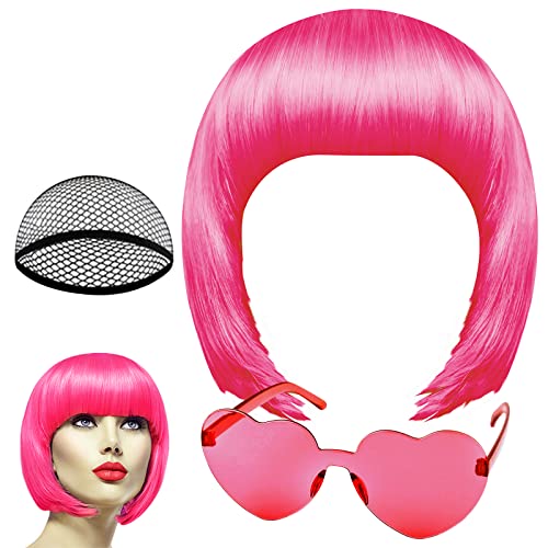 PLULON Peach Pink Bob Perücke und Sonnenbrille Set, Neon Kurz Bob Perücke Sonnenbrille Pack Kostüm Bunte Cosplay Perücke Haarteile für Bachelorette Neon Party Favors, Halloween Dekorationen von PLULON