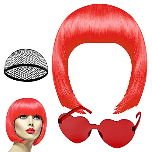 PLULON Red Short Bob Perücke und Sonnenbrille Set, Neon Short Bob Perücke Sonnenbrille Pack Kostüm Bunte Cosplay Perücke Haarteile für Bachelorette Neon Party Favors, Halloween Dekorationen von PLULON