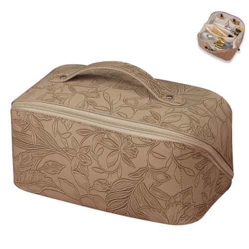 PLURECIL Große Kapazität Kosmetiktasche Reise Make-up Tasche Floral Make-up Aufbewahrungstasche mit Fächern Tragbare Alles Kosmetiktasche PU Leder Flache Lay Kosmetiktaschen Frauen Mädchen, Khaki von PLURECIL