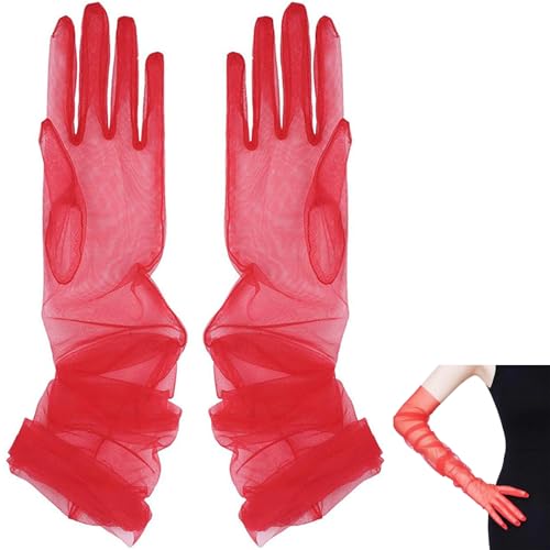 PLUSHCEWT Lange Abendhandschuhe Braut Spitze Handschuhe Elegante Teeparty Kleidungszubehör Tüll Ellbogenlänge Handschuhe für Frauen Hochzeit Dinner Abschlussball Oper Handschuhe (Rot, 55cm) von PLUSHCEWT