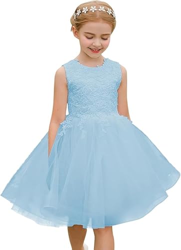 Blumenmädchen Kleid ärmellos Spitze Top Tüll Rock Mädchen Geburtstag Hochzeit Party Erstkommunion Kleider(2,Blau) von PLWEDDING