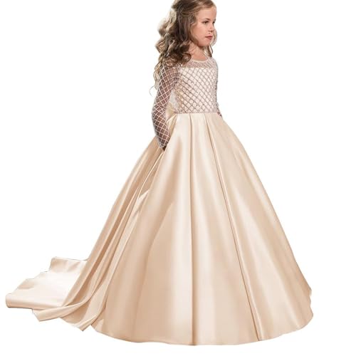 PLWEDDING Atemberaubende Blumenmädchen Kleid mit Langen Zug Kinder Satin Ballkleid für Weihnachten Geburtstag Party(10,Champagner) von PLWEDDING